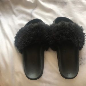 black fuzzy slippers